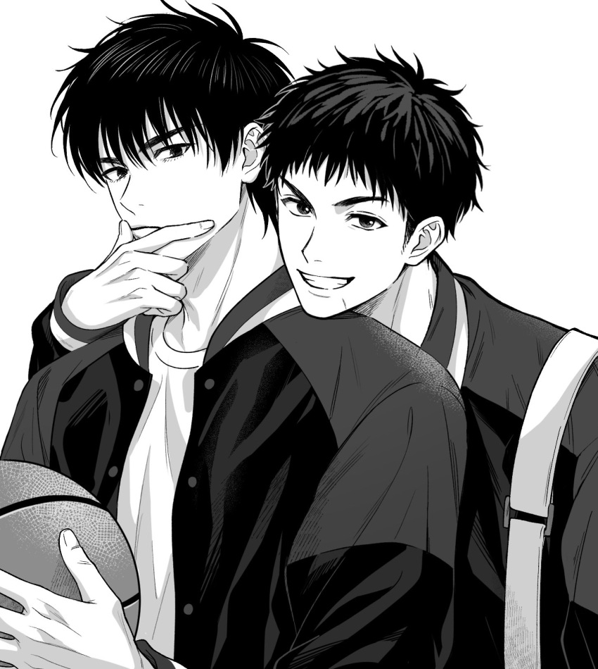 2boys ball basketball closed_mouth grin hand_up highres holding holding_ball jacket looking_at_viewer male_focus mitsui_hisashi multiple_boys rukawa_kaede shirt short_hair simple_background slam_dunk_(series) smile upper_body v-shaped_eyebrows vaw88zzz