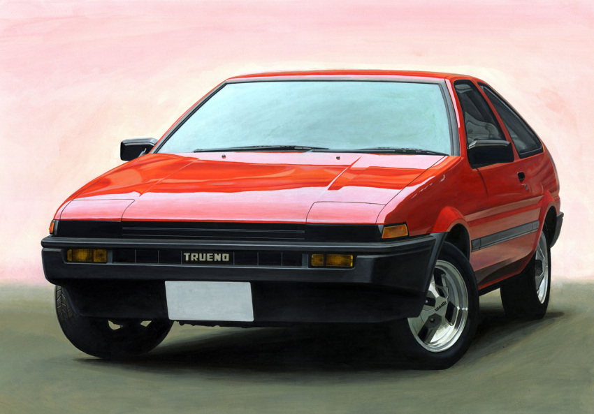 ape_(logo1113) car colored_pencil_(medium) motor_vehicle no_humans original pink_background red_car road shadow simple_background toyota toyota_sprinter_trueno traditional_media vehicle_focus