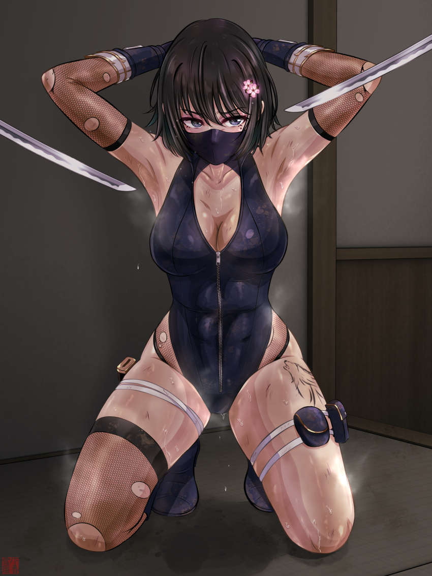 1girl absurdres armpits arms_behind_head bare_shoulders black_hair blue_eyes bodysuit breasts commission dirty dirty_clothes fishnet_gloves fishnet_thighhighs fishnets flower full_body gloves hair_flower hair_ornament highres kneeling leg_tattoo long_hair mask medium_breasts mole mole_under_eye mouth_mask ninja original short_hair skin_tight solo steaming_body sweat tattoo thigh_strap thighhighs torn_clothes yukinoshita_mizuka