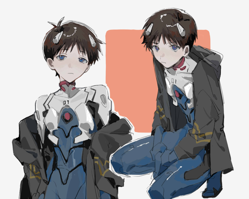 black_jacket blue_eyes bodysuit closed_mouth expressionless highres ikari_shinji jacket looking_at_viewer mogutofuoes neon_genesis_evangelion pilot_suit plugsuit short_hair simple_background square variations white_bodysuit