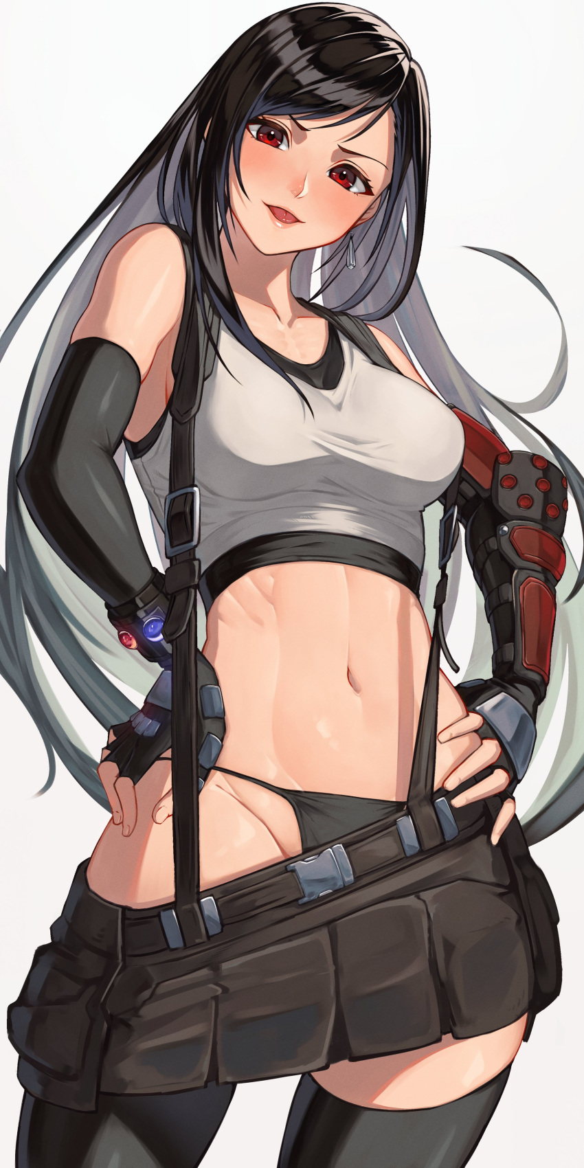 1girl absurdres black_gloves black_hair black_panties black_skirt black_thighhighs bracer breasts clothes_pull crop_top elbow_gloves final_fantasy final_fantasy_vii final_fantasy_vii_remake fingerless_gloves gloves hands_on_own_hips highres large_breasts long_hair materia miniskirt navel open_mouth panties red_eyes skirt skirt_pull solo stomach suspender_skirt suspenders tank_top temoc thighhighs tifa_lockhart underwear very_long_hair white_tank_top