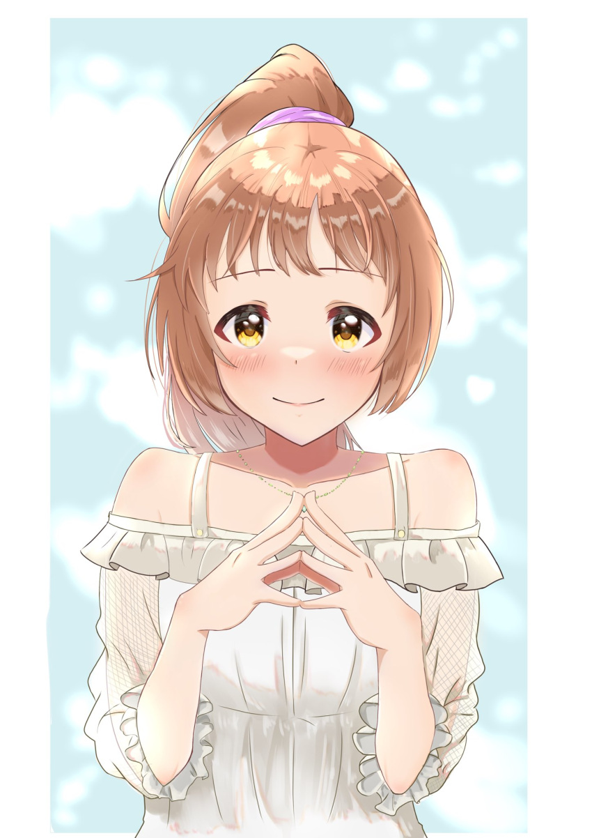 1girl blush brown_hair collarbone dress high_ponytail highres idolmaster idolmaster_cinderella_girls looking_at_viewer off-shoulder_dress off_shoulder own_hands_together ponytail see-through see-through_sleeves smile solo tttte_toku0000 upper_body wakabayashi_tomoka white_dress