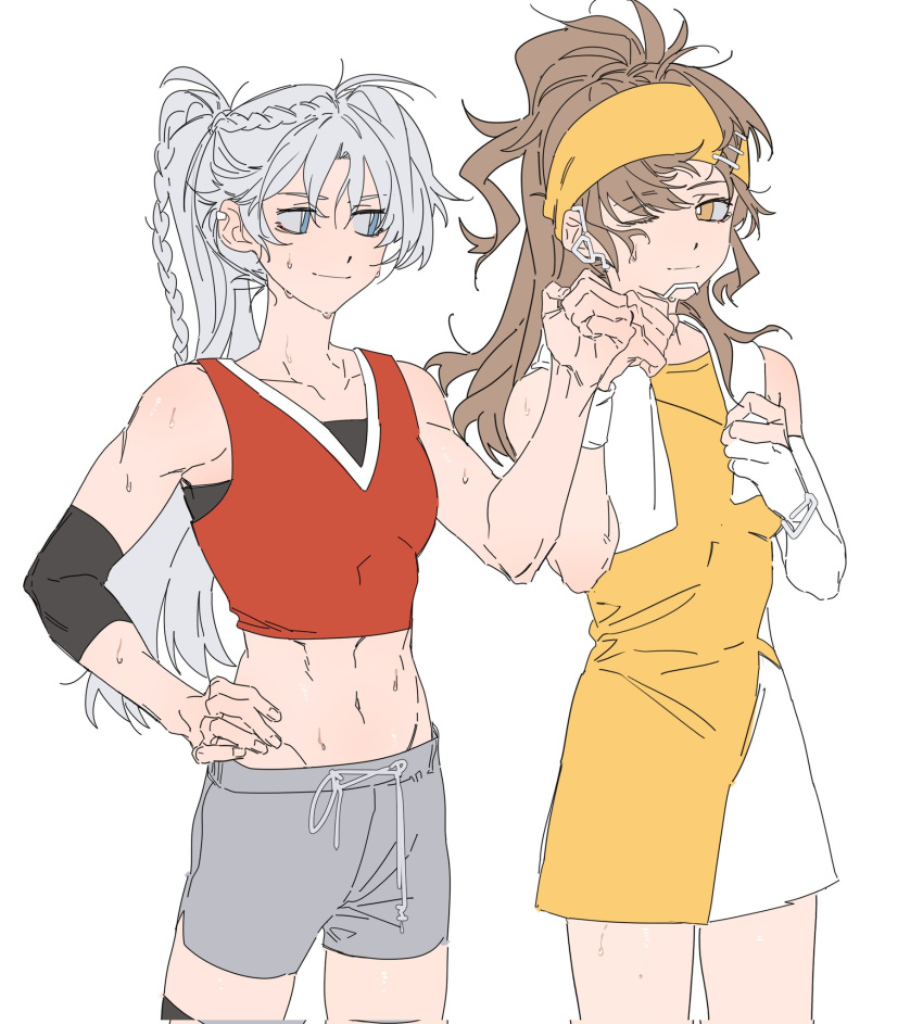 2girls abs blue_eyes braid bright_pupils brown_hair closed_mouth commentary_request cowboy_shot dikke_(reverse:1999) dikke_(the_pointy_end_up)_(reverse:1999) dress elbow_gloves elbow_rest fist_bump french_braid gloves grey_shorts hairband hand_on_own_hip highres long_hair molu_stranger multiple_girls one_eye_closed partially_fingerless_gloves ponytail red_tank_top reverse:1999 shorts simple_background single_glove sleeveless sleeveless_dress smile sweat tank_top tooth_fairy_(ace_through_the_bagel)_(reverse:1999) tooth_fairy_(reverse:1999) two-tone_dress undershirt white_background white_dress white_gloves white_hair white_pupils yellow_dress yellow_eyes yellow_hairband