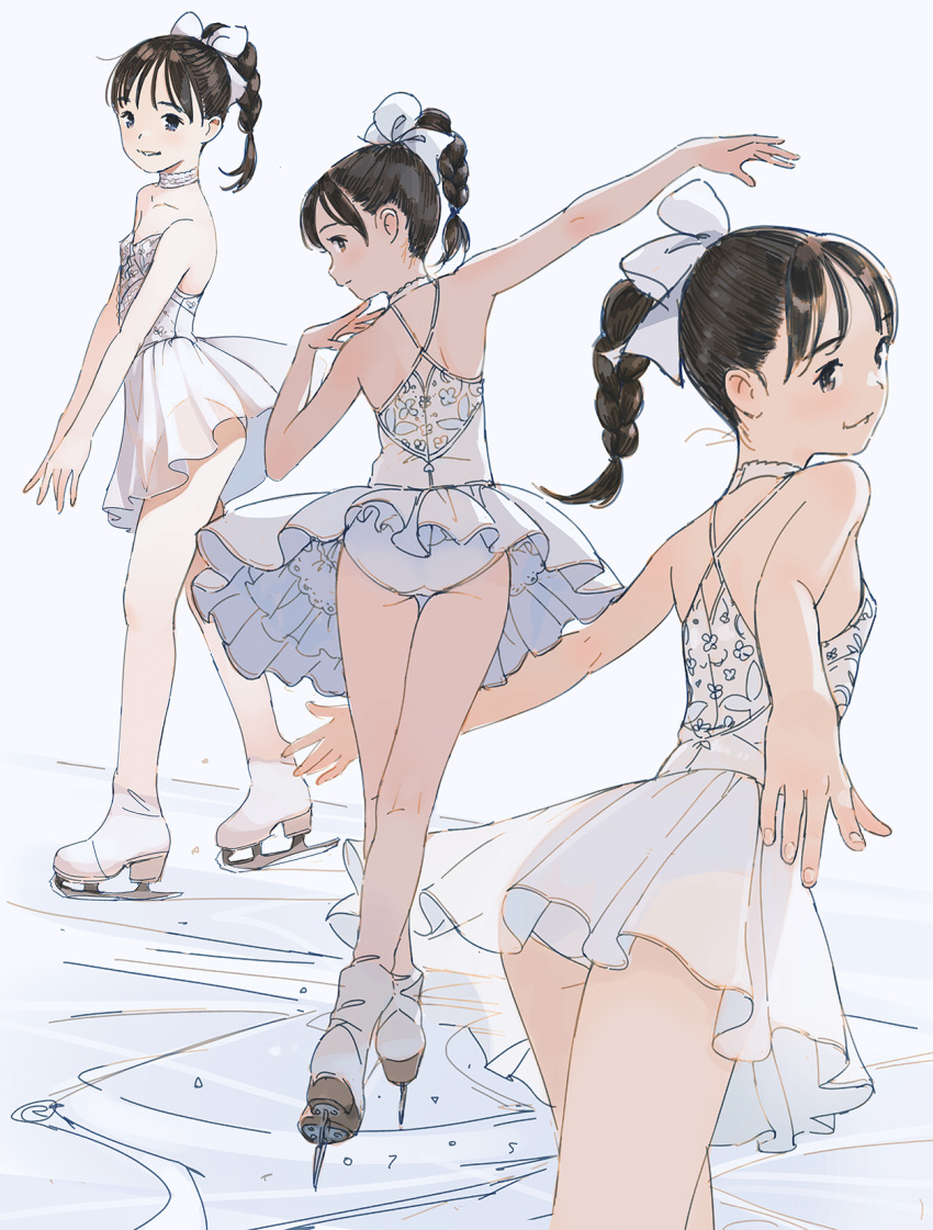 1girl black_eyes black_hair bow braid braided_ponytail breasts commentary_request dress figure_skating figure_skating_dress full_body hair_bow highres ice_skates ice_skating kokudou_juunigou multiple_views original parted_lips skates skating small_breasts smile thigh_gap white_bow white_dress