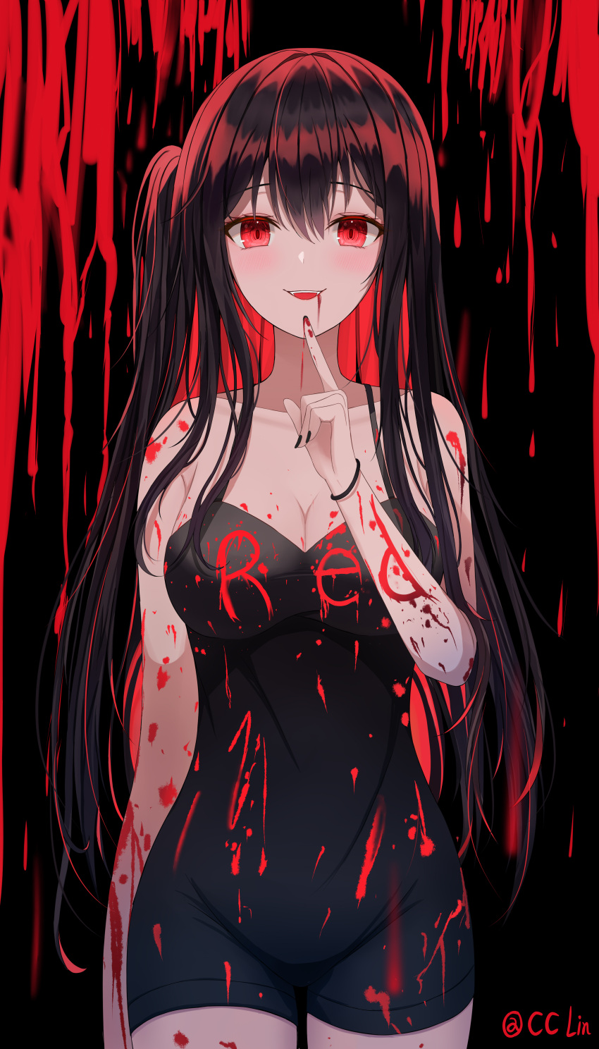 1girl absurdres arm_at_side armpit_crease bare_shoulders black_background black_hair black_nails black_wristband blood blood_on_breasts blood_on_clothes blood_on_face blood_on_hands blood_on_leg blood_splatter blood_writing blush breasts cc_lin chinese_commentary cleavage collarbone colored_eyelashes commentary_request cowboy_shot double-parted_bangs dress eyelashes finger_to_own_chin groin hair_between_eyes hair_over_breasts hand_up highres index_finger_raised large_breasts long_hair looking_at_viewer nail_polish open_mouth original red_eyes side_ponytail skin_tight smile solo standing straight-on straight_hair strapless strapless_dress teeth twitter_username upper_teeth_only very_long_hair