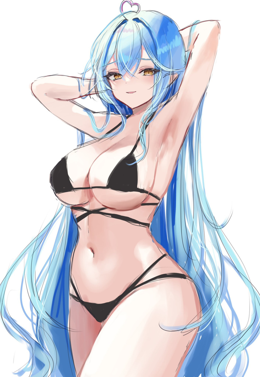 1girl armpits arms_behind_back bikini black_bikini blue_hair breasts brown_eyes cowboy furrowed_brow hair_between_eyes highres hololive large_breasts long_hair looking_at_viewer navel sidelocks simple_background sketch smile solo standing stomach swimsuit thighs unfinished white_background ya_ta yukihana_lamy