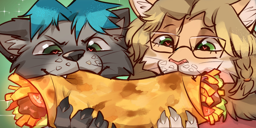 2:1 anthro blonde_hair blue_hair canid duo ear_piercing ear_stud eating eating_food eyewear famir_(artist) fangs felid food food_in_mouth fur glasses glistening glistening_eyes green_eyes grey_body grey_fur hair hi_res holding_food holding_object male mammal orange_body orange_fur piercing sparkles teeth wearing_glasses whiskers white_body white_fur