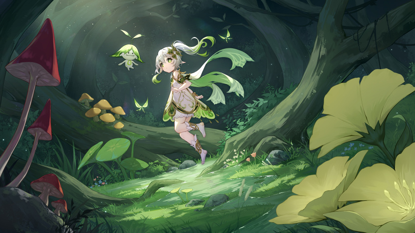 1girl aranara_(genshin_impact) bloomers blush bug cape closed_mouth commentary_request cross-shaped_pupils crystalfly_(genshin_impact) detached_sleeves dress eyelashes floating_hair flower forest genshin_impact gold_trim gradient_hair grass green_cape green_eyes green_hair green_sleeves hair_between_eyes hair_ornament hand_up highres leaf long_hair looking_at_viewer looking_back moss multicolored_hair mushroom nahida_(genshin_impact) nature orange_flower outdoors panpanmeiyou_hp plant pointy_ears ponytail rock roots short_sleeves side_ponytail sidelocks sleeveless sleeveless_dress symbol-shaped_pupils tree underwear vines white_bloomers white_dress white_flower white_hair yellow_flower