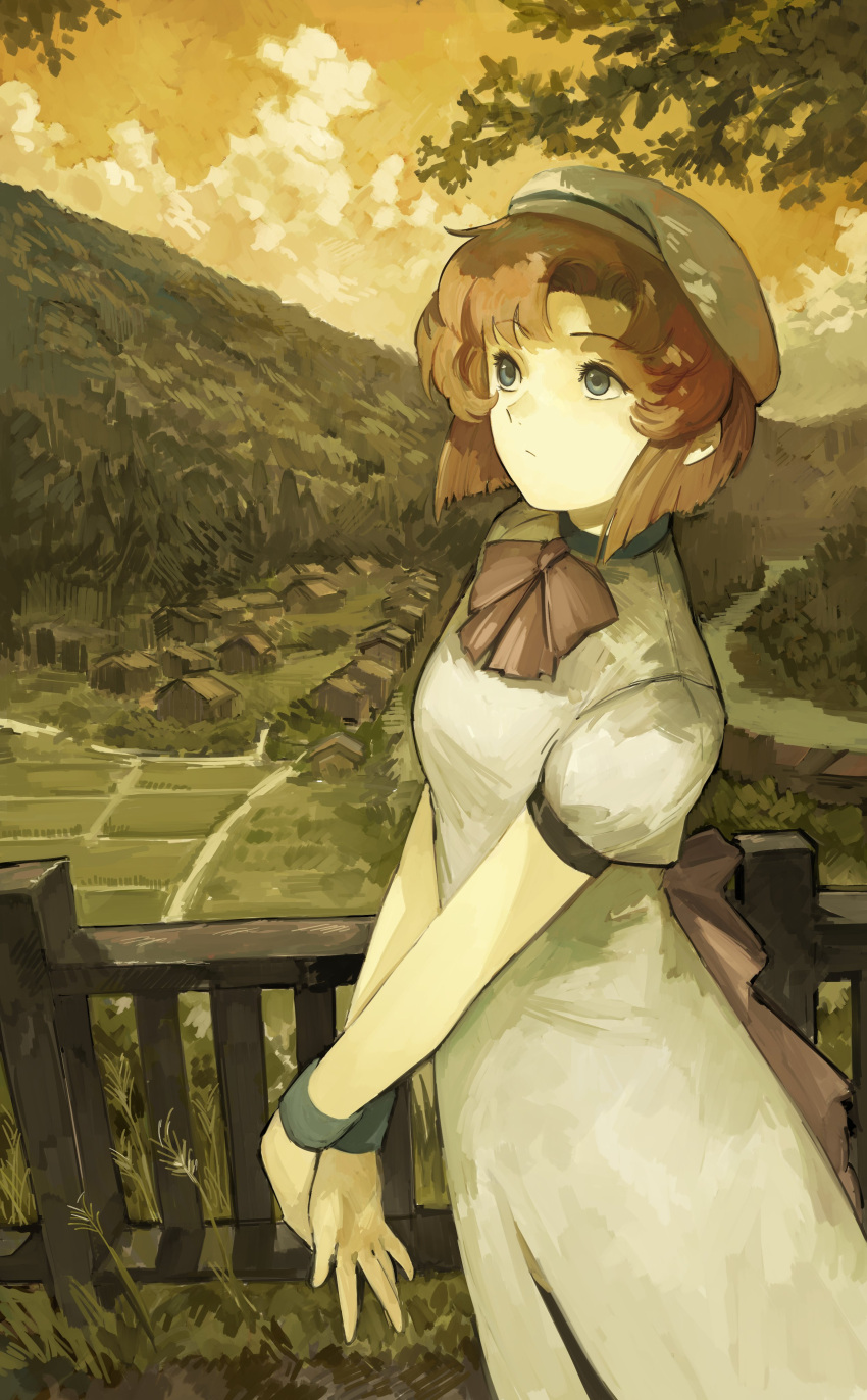1girl absurdres asymmetrical_bangs blue_eyes bow bowtie closed_mouth cloud cloudy_sky dress expressionless eyelashes feet_out_of_frame fence field hat highres higurashi_no_naku_koro_ni house kornod looking_afar medium_hair mountainous_horizon orange_hair orange_sky outdoors outstretched_arms own_hands_together painterly pink_bow puffy_short_sleeves puffy_sleeves red_bow ryuuguu_rena short_sleeves sky solo tree white_dress white_headwear wooden_fence wristband yellow_sky