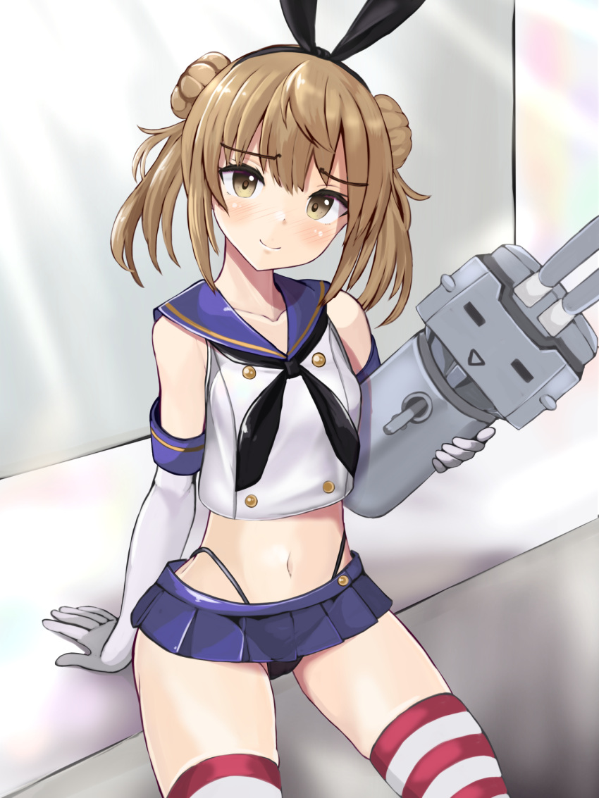 1girl black_neckerchief black_panties blue_skirt blush breasts brown_eyes brown_hair cosplay cowboy_shot crop_top double_bun elbow_gloves gloves hair_bun hairband highleg highleg_panties highres kantai_collection light_brown_hair looking_at_viewer michishio_(kancolle) microskirt navel neckerchief panda_sasasa panties rensouhou-chan shimakaze_(kancolle) shimakaze_(kancolle)_(cosplay) short_hair short_twintails sitting skirt small_breasts smile solo striped striped_thighhighs thighhighs twintails underwear white_gloves