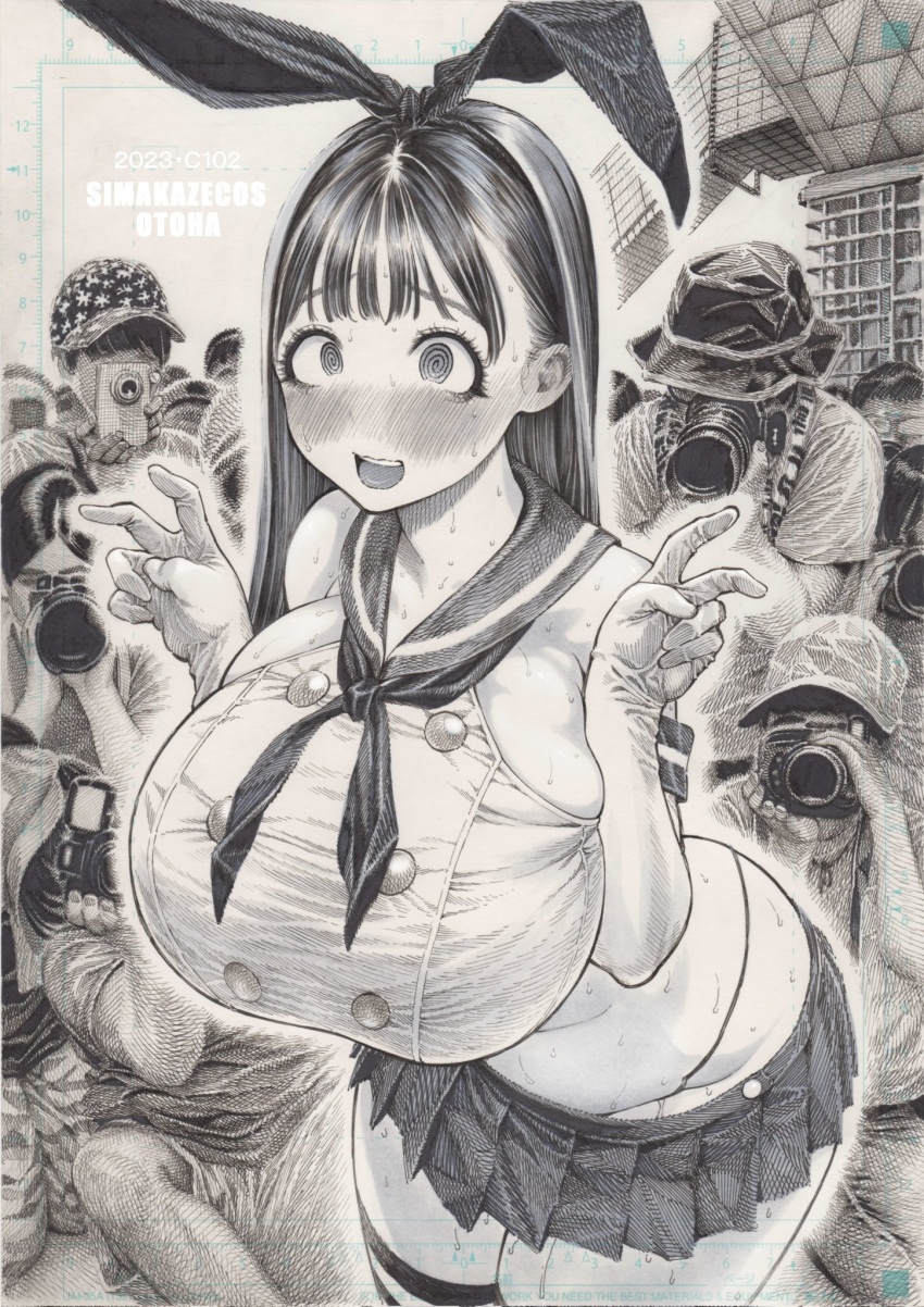 1girl 6+boys @_@ blush breasts camera comiket cosplay crowd double_v elbow_gloves eyelashes gloves greyscale hairband hat highleg highleg_panties highres hirune_(imomonono) huge_breasts kantai_collection long_hair looking_at_viewer microskirt miniskirt monochrome multiple_boys neckerchief nose_blush open_mouth original panties sailor_collar shimakaze_(kancolle) shimakaze_(kancolle)_(cosplay) skirt sleeveless solo_focus striped striped_thighhighs sweat taking_picture thighhighs traditional_media underwear v