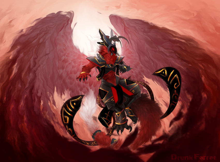 absurd_res anthro armor big_tail detailed_background drunk_ferret fluffy fluffy_tail gold_(metal) hi_res machine male metal metallic_body protogen red_body red_wings rune runes sky solo tail wings