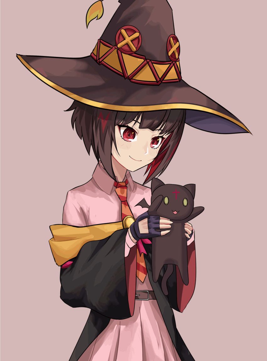 1girl black_cape black_headwear blunt_bangs brown_hair cape chomusuke dress_shirt fingerless_gloves gloves happy hat highres kono_subarashii_sekai_ni_bakuen_wo! kono_subarashii_sekai_ni_shukufuku_wo! looking_at_viewer lyourika megumin necktie off_shoulder pink_shirt red_eyes school_uniform shirt short_hair smile solo upper_body witch_hat