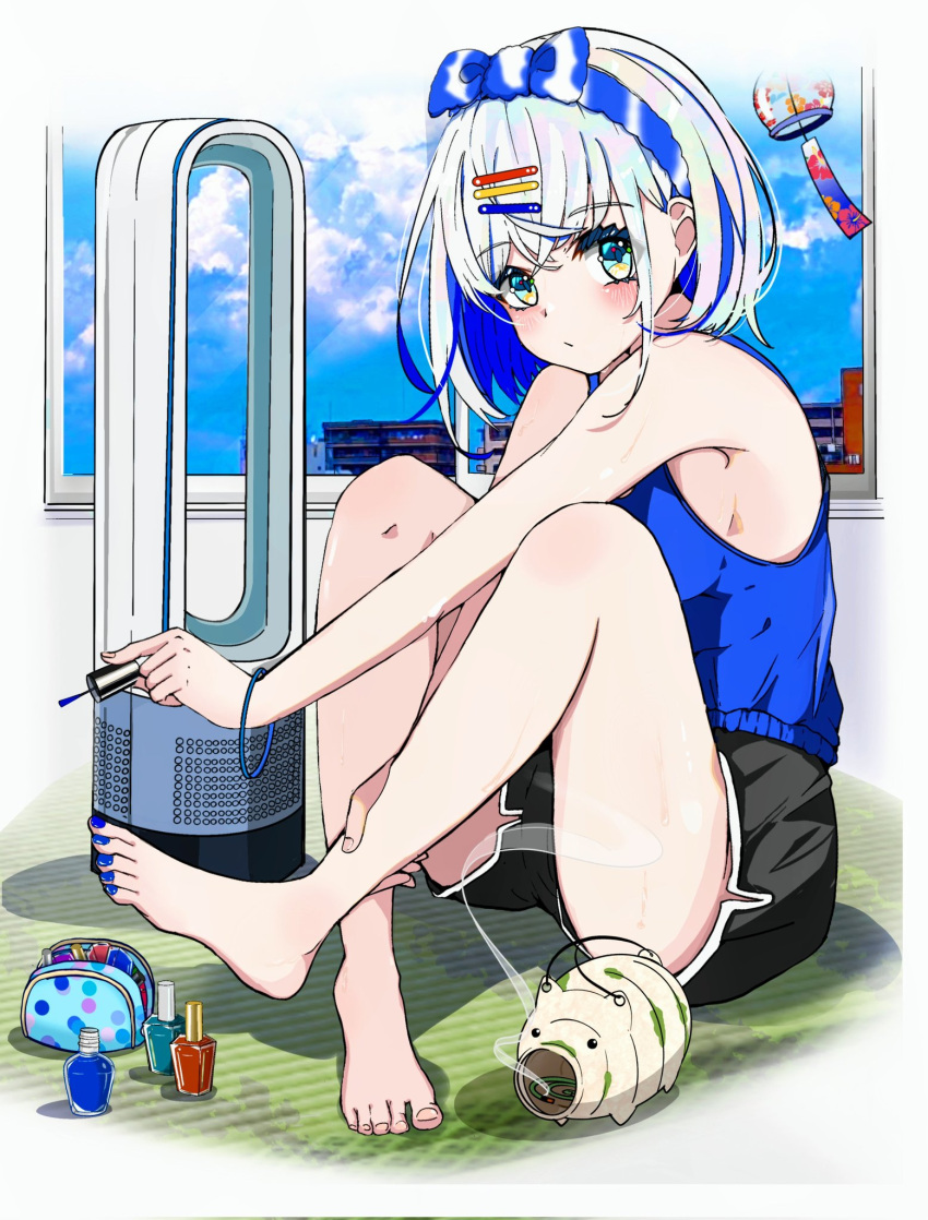 1girl aqua_eyes bare_legs barefoot black_shorts blue_hair blue_hairband blue_nails blue_sky blue_tank_top blush bracelet breasts colored_inner_hair crossed_legs dolphin_shorts feet full_body grey_hair hairband highres holding incense indoors jewelry knees_up legs looking_at_viewer medium_breasts medium_hair multicolored_hair nail_polish on_ground original painting_nails short_shorts shorts sideboob sidelocks sitting sky solo sweatdrop tank_top thighs toenail_polish toenails toes window yuruligon