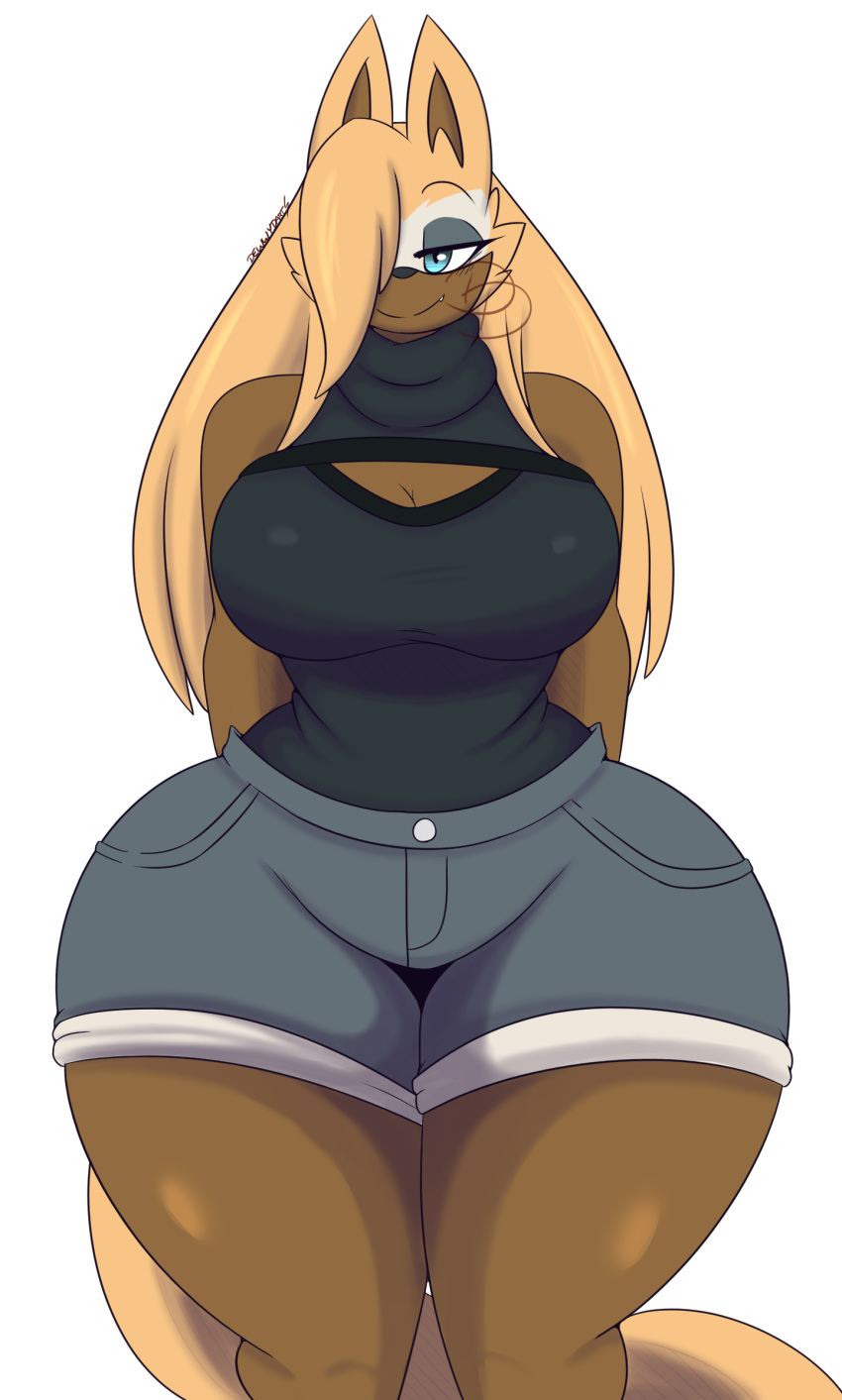 2023 aged_up anthro big_breasts black_clothing black_topwear blonde_hair blue_eyes bottomwear breasts brown_body brown_fur canid canine canis cleavage cleavage_cutout clothed clothing dewwydarts female fluffy fluffy_tail fur hair hair_over_eye hi_res huge_breasts idw_publishing long_hair looking_at_viewer mammal one_eye_obstructed sega shorts simple_background smile solo sonic_the_hedgehog_(comics) sonic_the_hedgehog_(idw) sonic_the_hedgehog_(series) standing tail thick_thighs topwear whisper_the_wolf white_background wide_hips wolf