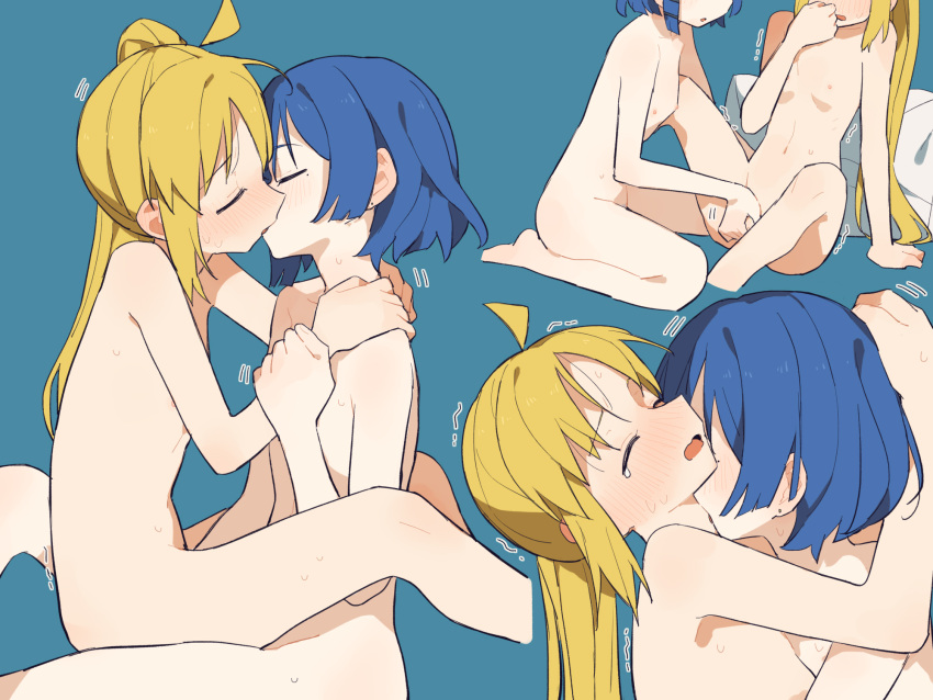 2girls :o ahoge arm_support blonde_hair blue_hair blush bocchi_the_rock! closed_eyes coldcat. collarbone completely_nude covering_mouth cropped_legs earrings fingering flat_chest flat_color hair_between_eyes hair_ornament hairclip hand_around_neck highres holding_another's_wrist ijichi_nijika jewelry kiss kissing_neck leaning_to_the_side long_bangs long_hair mole mole_under_eye multiple_girls multiple_views nose_blush nude open_mouth pillow short_hair side_ponytail sidelocks sitting sitting_on_lap sitting_on_person spread_legs stud_earrings sweat tearing_up tribadism yamada_ryou yuri