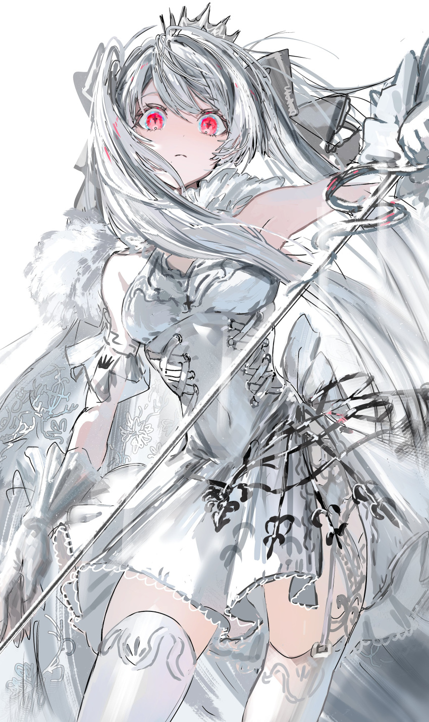 1girl absurdres arm_cuffs armpits back_bow bow breasts cape corset covered_navel dress english_commentary frilled_gloves frills frown fur_collar fur_trim garter_straps gawako glaring gloves grey_hair hair_bow highres holding holding_sword holding_weapon looking_at_viewer medium_breasts original rapier red_eyes solo sword thighhighs tiara twintails weapon white_background white_cape white_dress white_gloves white_hair white_thighhighs