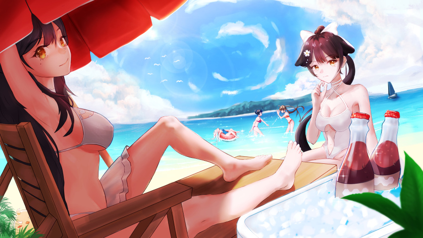 5girls absurdres arm_up armpits atago_(azur_lane) azur_lane bare_legs barefoot beach beach_umbrella bikini black_choker blue_hair blue_one-piece_swimsuit blurry blurry_foreground bow breasts brown_eyes brown_hair choker closed_mouth clothing_cutout cloud cloudy_sky day english_commentary feet flower foreshortening frills full_body grey_hair hair_bow hair_flower hair_ornament hand_up hands_up highres innertube knee_up koukie laffey_(azur_lane) legs lens_flare long_hair looking_at_viewer lying mole mole_under_eye multiple_girls navel_cutout ning_hai_(azur_lane) on_back one-piece_swimsuit outdoors ping_hai_(azur_lane) ponytail purple_bikini red_bikini shadow sidelocks sitting sky smile soda_bottle splashing swimsuit takao_(azur_lane) toenails toes twintails umbrella underboob wading white_bikini white_bow white_one-piece_swimsuit yellow_eyes