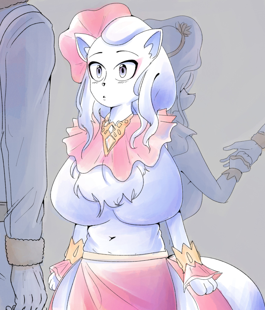 alolan_form alolan_ninetales alternate_breast_size anthro big_breasts breasts digital_media_(artwork) digital_painting_(artwork) duo female fur grey_background hi_res holowear_(pokemon) human male male/female mammal nintendo pokemon pokemon_(species) pokemon_unite regional_form_(pokemon) simple_background tapirclip theater_style_alolan_ninetales volo_(pokemon) white_body white_fur