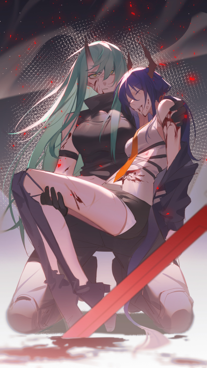 2girls arknights arm_strap armor bare_shoulders black_footwear black_jacket black_pants black_shorts blood blood_from_mouth blood_on_clothes blood_on_face blood_on_leg blue_hair boots breastplate breasts carrying carrying_person ch'en_(arknights) closed_eyes closed_mouth dragon_horns full_body green_hair hair_over_one_eye highres horns hoshiguma_(arknights) injury jacket knee_boots kneeling large_breasts liiger long_hair low_twintails medium_breasts multiple_girls necktie off_shoulder open_clothes open_jacket orange_necktie pants shirt shorts single_horn skin-covered_horns sleeveless twintails v-shaped_eyebrows very_long_hair white_shirt yellow_eyes