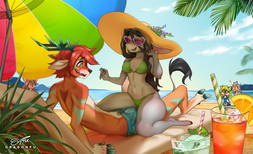 anesse_(dragonfu) anthro antlers asinus avian beach bikini bird black_hair black_nose blush breasts brown_hair canid canine canis carric_idyllwild cleavage_cutout clothed clothing container cup deer donkey dragonfu duo_focus equid equine exclamation_point feathers female fingerless_(marking) fur green_eyes green_hair grey_body grey_feathers grey_fur group hair hat headgear headwear heart_glasses horn male male/female mammal midriff navel nova_(hikarikurisu) one-piece_swimsuit orange_body orange_fur red_hair saige_sonder seaside sun_hat swimming_trunks swimwear tail tail_tuft topless tuft unknown_character wolf