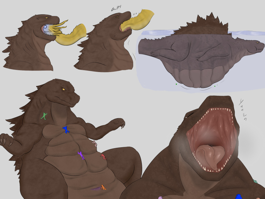 abdominal_bulge abs ambiguous_gender anthro anus belly blue_guy_(da~blueguy) bodily_fluids brown_body claws da~blueguy godzilla godzilla_(series) hi_res hydra kaiju king_ghidorah macro monster mouth_shot open_mouth oral_vore reptile saliva saliva_string scales scalie simple_background size_difference teeth text toho tongue tongue_out vore yellow_eyes