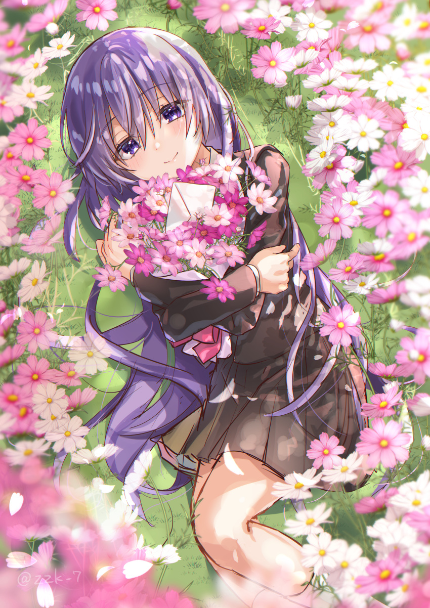 1girl absurdres angel_beats! black_skirt blurry blurry_edges bouquet commentary_request cosmos_(flower) day depth_of_field eyelashes eyes_visible_through_hair feet_out_of_frame flower from_above grass hair_between_eyes heaven_burns_red highres holding holding_bouquet holding_flower irie_miyuki letter light_blush long_hair looking_at_viewer lying miniskirt on_side outdoors pink_flower pleated_skirt purple_eyes purple_hair school_uniform skirt smile solo twitter_username very_long_hair white_flower zuzuhashi