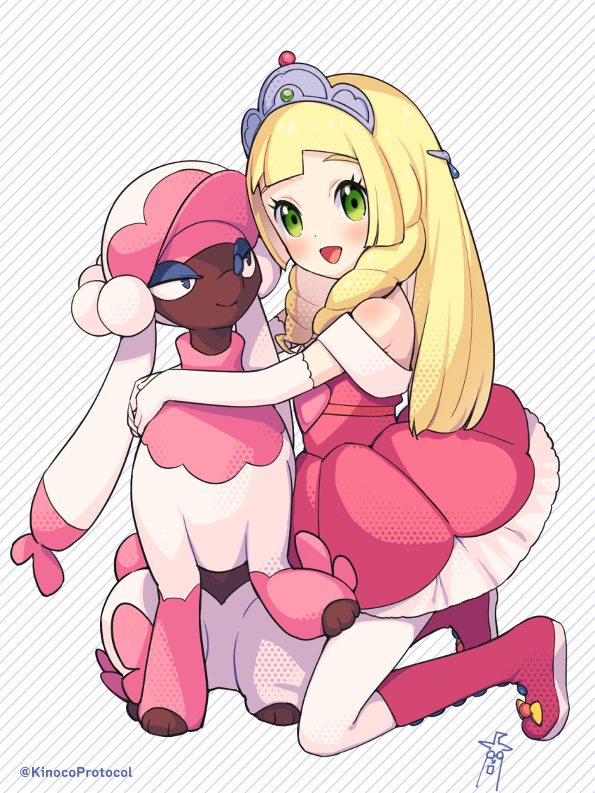 1girl :d blonde_hair blunt_bangs blush boots commentary_request cosplay dress drill_hair elbow_gloves eyelashes from_side furfrou furfrou_(matron) gloves green_eyes happy highres holding holding_pokemon kinocopro kneeling lillie_(pokemon) long_hair off-shoulder_dress off_shoulder open_mouth pantyhose pink_dress pink_footwear pokemon pokemon_(anime) pokemon_(creature) pokemon_sm_(anime) pokemon_xy_(anime) princess_allie princess_allie_(cosplay) smile tiara twin_drills white_gloves white_pantyhose