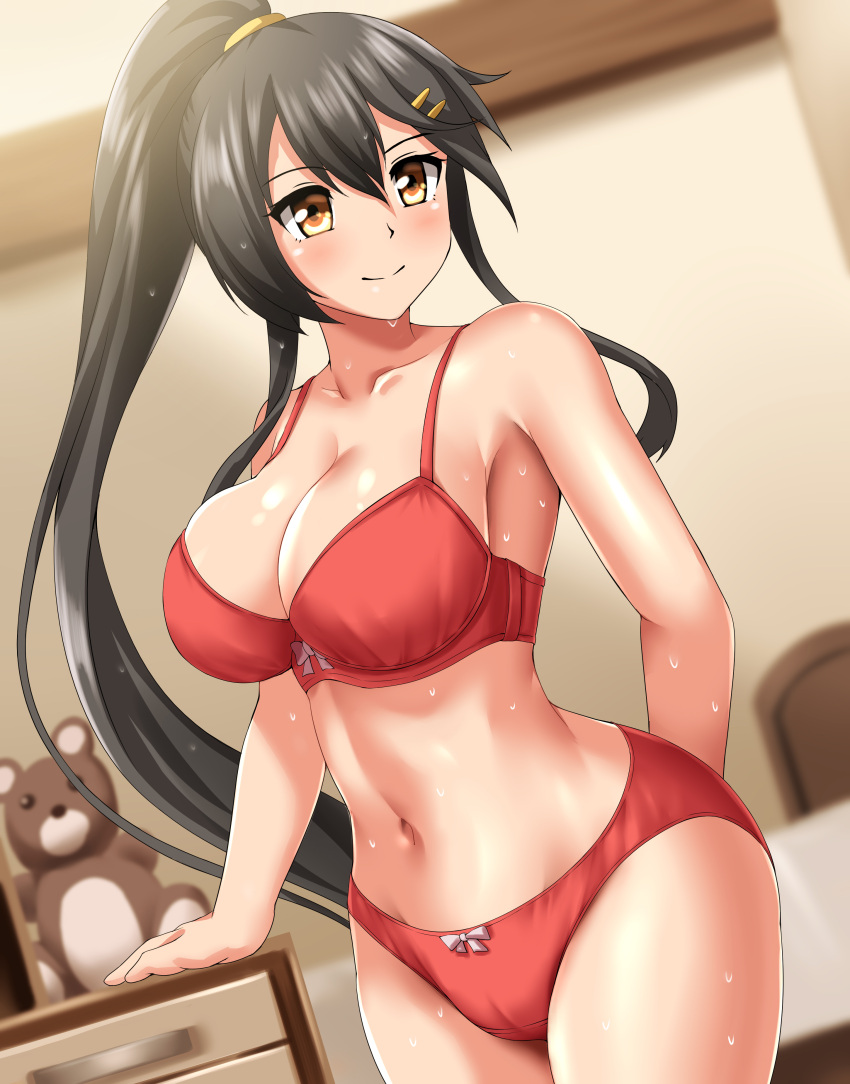 1girl absurdres bed black_hair bra breasts brown_eyes cleavage commission covered_navel cowboy_shot drawer dutch_angle hair_ornament hairclip haruna_(kancolle) highres kantai_collection large_breasts long_hair panties pixiv_commission red_bra red_panties smile solo standing stuffed_animal stuffed_toy teddy_bear underwear underwear_only wet zanntetu