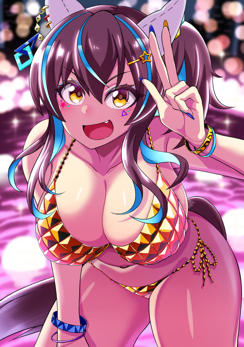 alternate_costume animal_ears bare_shoulders bikini blue_hair blurry blurry_background blush bracelet breasts brown_hair cleavage colored_inner_hair commentary_request cowboy_shot daitaku_helios_(umamusume) ear_covers ear_piercing fang gold_bikini hair_between_eyes hair_ornament hairclip highres horse_ears horse_girl horse_tail jewelry large_breasts looking_at_viewer manicure medium_hair multicolored_hair multicolored_nails nail_polish open_mouth outdoors piercing side-tie_bikini_bottom side_ponytail smile streaked_hair swimsuit tail umamusume w zasshu_nigou