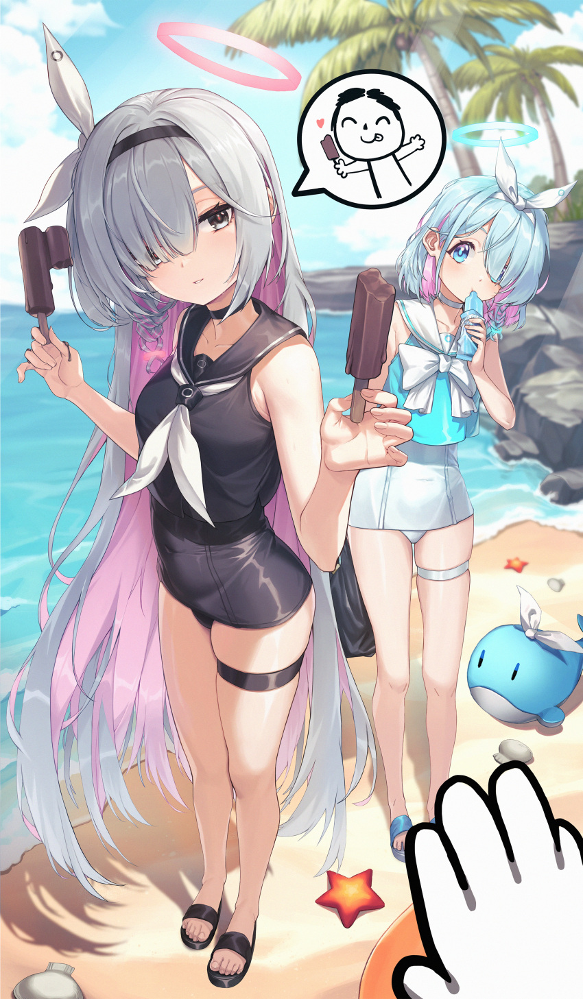 2girls absurdres arm_behind_back arona's_sensei_doodle_(blue_archive) arona_(blue_archive) bare_shoulders beach black_choker black_footwear black_neckerchief black_one-piece_swimsuit blue_archive blue_hair blue_sky blurry braid breasts choker cloud collarbone colored_inner_hair commentary day depth_of_field eating food full_body grey_hair hair_over_one_eye hair_ribbon halo hands_up highres holding holding_food holding_ice_cream ice_cream long_hair looking_at_another multicolored_hair multiple_girls neckerchief ocean one-piece_swimsuit one_eye_covered outdoors palm_tree parted_lips pink_hair pink_halo plana_(blue_archive) ribbon sailor_collar sailor_one-piece_swimsuit sandals school_swimsuit sensei_(blue_archive) short_hair side_braid sky small_breasts spoken_character standing starfish sunnillust swimsuit thigh_strap tree very_long_hair whale white_choker white_one-piece_swimsuit white_ribbon