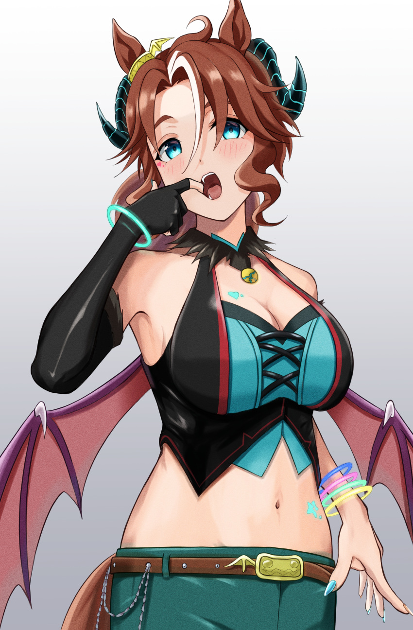 1girl absurdres animal_ears bare_shoulders belt black_gloves black_horns black_vest blue_eyes blue_nails blue_shirt blush bracelet breasts brown_belt brown_hair cleavage collarbone commentary_request cowboy_shot crop_top demon_horns demon_wings ear_ornament elbow_gloves facial_mark fake_horns fake_wings finger_in_own_mouth fingerless_gloves gloves green_shorts groin hair_between_eyes halloween_costume hand_up heart heart_facial_mark highres horns horse_ears horse_girl horse_tail jewelry large_breasts long_hair looking_at_viewer mejiro_palmer_(devil_in_the_moonlight)_(umamusume) mejiro_palmer_(umamusume) midriff multicolored_hair multicolored_nails multiple_bracelets navel official_alternate_costume open_mouth ponytail shirt shorts sidelocks simple_background single_elbow_glove single_fingerless_glove sleeveless sleeveless_shirt solo standing streaked_hair tail umamusume vest white_hair wings yokintsutyo357