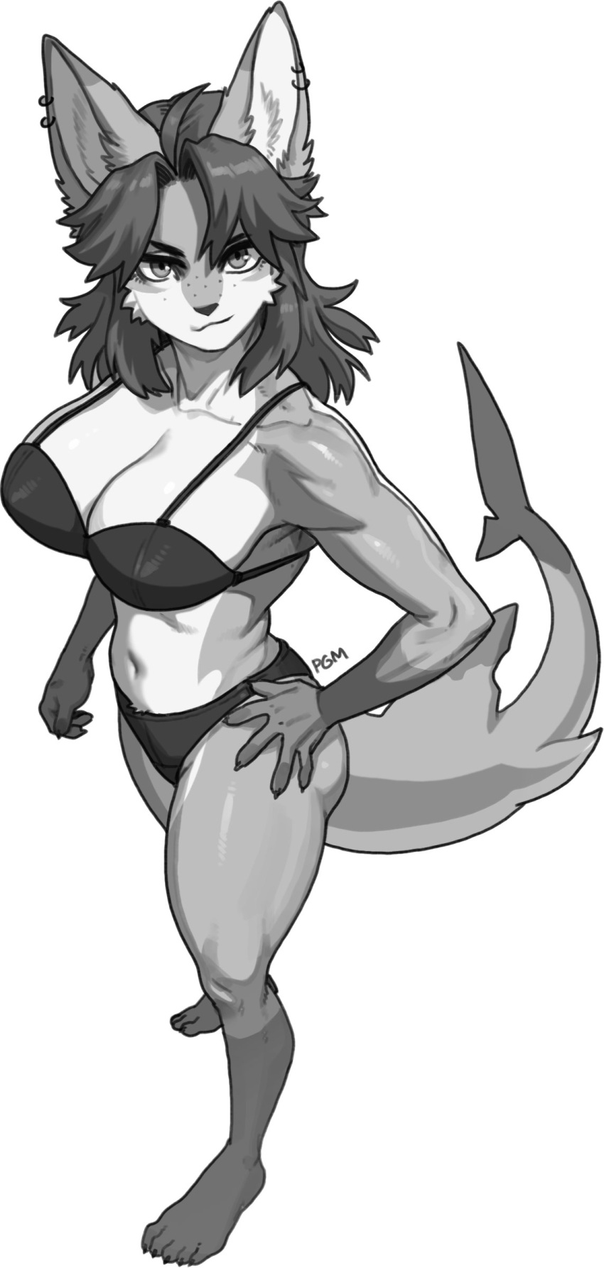 2023 absurd_res anthro big_breasts bra breasts canid canine clothing collarbone ear_piercing ear_ring eyebrows feet female fox hair hand_on_hip hi_res humanoid_feet hybrid inner_ear_fluff looking_at_viewer mammal monochrome navel panties pgm300 piercing plantigrade ring_piercing shark_tail solo standing tail tuft underwear