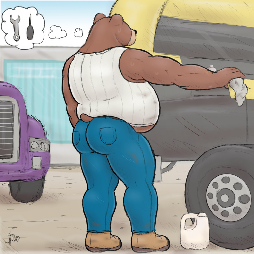 alanottaviano anthro barazoku bear belly brown_bear brown_body brown_fur clothing fur grizzly_bear hi_res male mammal mechanic musclegut muscular muscular_male overweight overweight_male solo truck trucker ursine