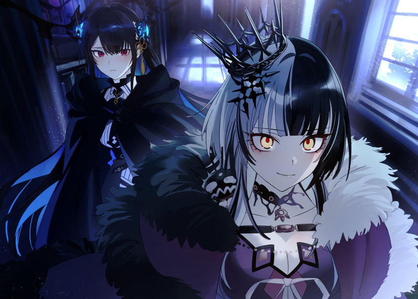 2girls asymmetrical_horns black_choker black_cloak black_coat black_gloves black_hair black_horns black_sleeves blue_hair blunt_bangs breasts chest_belt choker cleavage cloak closed_mouth coat collarbone colored_inner_hair commentary crown expressionless fur-trimmed_coat fur-trimmed_sleeves fur_trim gloves hallway highres hololive hololive_english hood hood_down hooded_cloak horns indoors jacket lace lace_choker light_smile long_hair looking_ahead looking_at_another mole mole_under_eye multicolored_hair multiple_girls nerissa_ravencroft parted_bangs red_eyes ribbed_shirt shiori_novella shirt slit_pupils split-color_hair streaked_hair symbol-only_commentary two-tone_hair uneven_horns upper_body virtual_youtuber white_hair white_shirt window yellow_eyes yomosaka yorick_(shiori_novella)