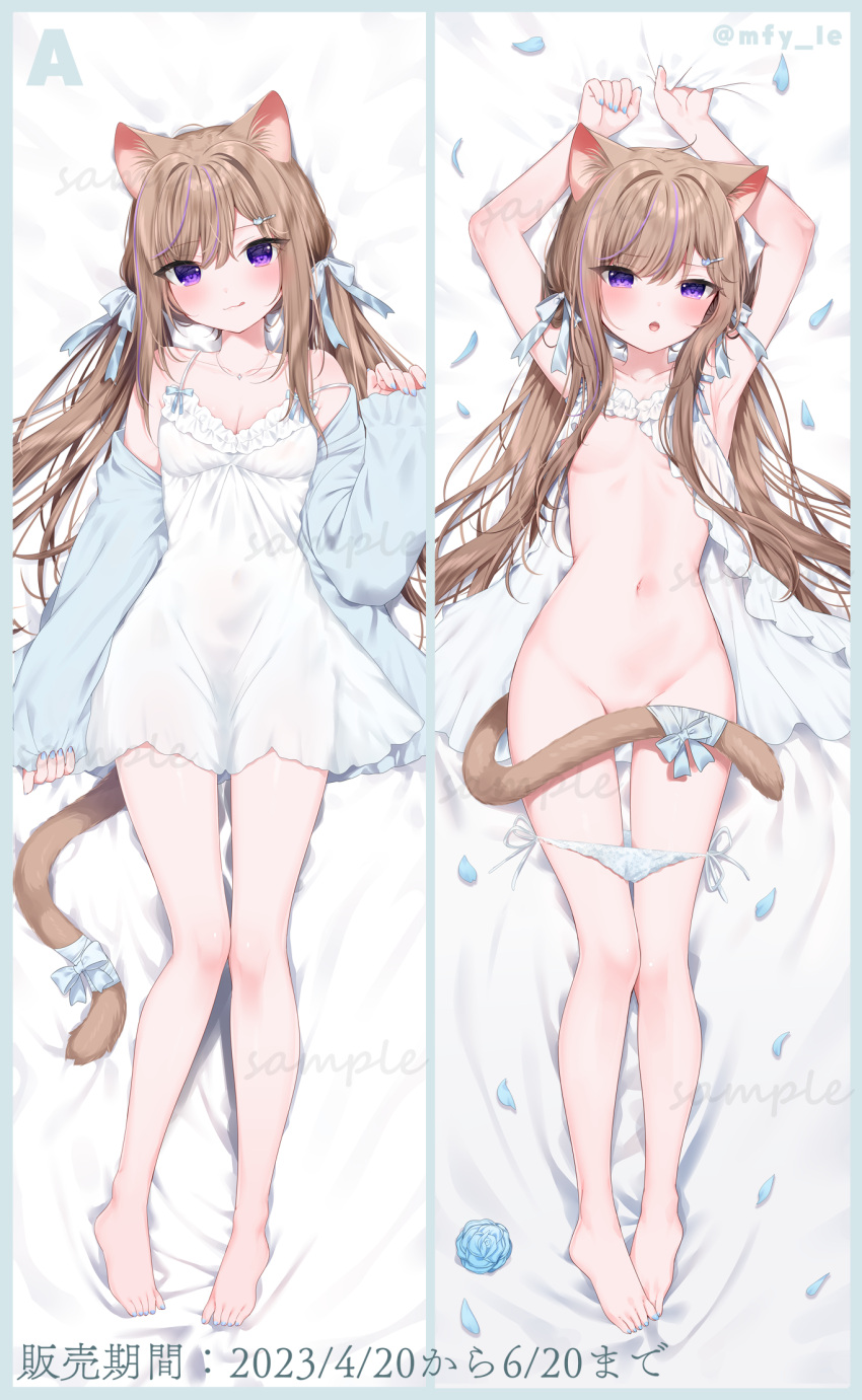 1girl :q animal_ear_fluff animal_ears barefoot bed_sheet blue_bow blue_flower blue_jacket blue_nails blue_panties blue_rose blush bow breasts cat_ears cat_girl cat_hair_ornament cat_tail cleavage closed_mouth collarbone commentary_request dakimakura_(medium) dress flower groin hair_bow hair_ornament hairclip highres jacket leo_(mafuyu) long_hair long_sleeves lying mafuyu_(chibi21) multicolored_hair multiple_views nail_polish navel off_shoulder on_back open_clothes open_jacket open_mouth original panties panty_pull petals pinching_sleeves purple_eyes purple_hair rose sample_watermark side-tie_panties sleeveless sleeveless_dress sleeves_past_wrists small_breasts smile streaked_hair tail tail_censor tongue tongue_out twitter_username underwear very_long_hair white_bow white_dress