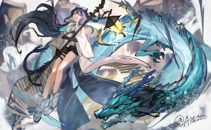 1girl aito ankle_boots arknights arm_tattoo black_shorts black_skin blue_hair boots braid colored_skin dragon dragon_girl dragon_horns dragon_tail earrings eastern_dragon floating_hair fur-tipped_tail highres holding holding_goblet holding_staff horns jacket jewelry lantern ling_(arknights) long_hair looking_at_viewer pointy_ears shirt short_shorts shorts solo staff tail tassel tassel_earrings tattoo thigh_strap twitter_username very_long_hair white_footwear white_jacket white_shirt