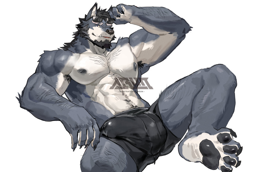 abs absurd_res anthro arm_hair arm_tuft armpit_hair arun_six athletic beard biceps black_hair black_nose body_hair body_tuft bulge canid canine canis chest_hair chest_tuft claws eyebrow_cut eyewear facial_hair fangs feet fur glasses grey_body grey_fur grey_nipples hair hairy hi_res leg_hair leg_tuft light_eyes looking_at_viewer male mammal muscular muscular_anthro muscular_male nipples one_eye_closed pawpads pecs pose raised_leg serratus sharp_claws sideburns simple_background sitting solo sunglasses teeth tuft watermark white_background wink wolf