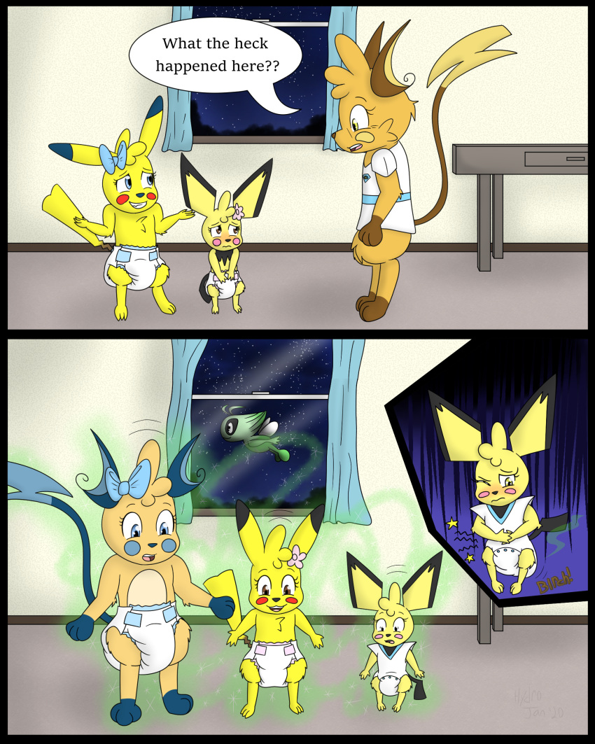 absurd_res age_regression age_swap ambiguous_gender anthro bluebell_fiorello celebi clothing comic daughters diaper diaper_fetish diaper_use duo electric_mouse family feces female gardenia_fiorello generation_1_pokemon generation_2_pokemon hi_res hydroftt infantilism legendary_pokemon messy messy_diaper mother_(lore) nintendo onesie parent_(lore) peony_fiorello pichu pikachu pokemon pokemon_(species) raichu scat smelly soiling stinky_diaper used