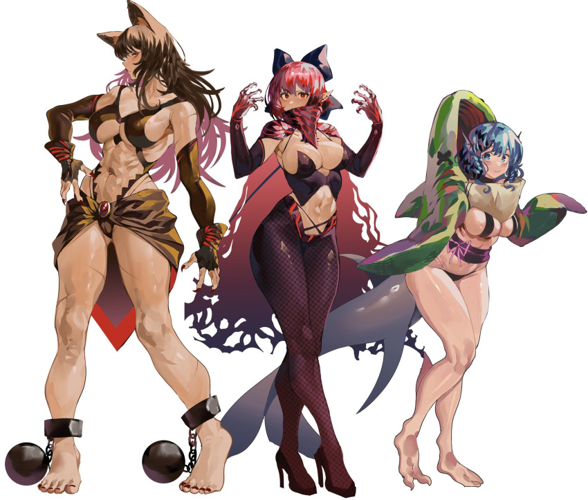 3girls alternate_costume animal_hood black_bow black_footwear black_leotard black_nails black_panties black_skirt blue_eyes blue_hair bow breasts brown_hair cape claws cleavage commentary cuffs detached_sleeves english_commentary fingernails fins fishnet_pantyhose fishnets full_body grass_root_youkai_network hair_bow head_fins high_heels highres hood imaizumi_kagerou large_breasts leotard long_fingernails long_hair looking_at_viewer mermaid monster_girl multiple_girls navel panties pantyhose red_cape red_eyes red_hair sash sekibanki shackles shark_hood short_hair skirt standing tomatolover16 touhou underwear wakasagihime