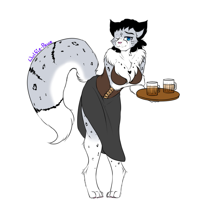 adira_riftwall alcohol anthro barmaid beer beverage black_hair blue_eyes clothing corset dreadlocks felid female fur hair hi_res keidran lingerie mammal markings pantherine snow_leopard solo spots striped_markings stripes topwear twokinds webcomic white_body white_fur wolfie-pawz