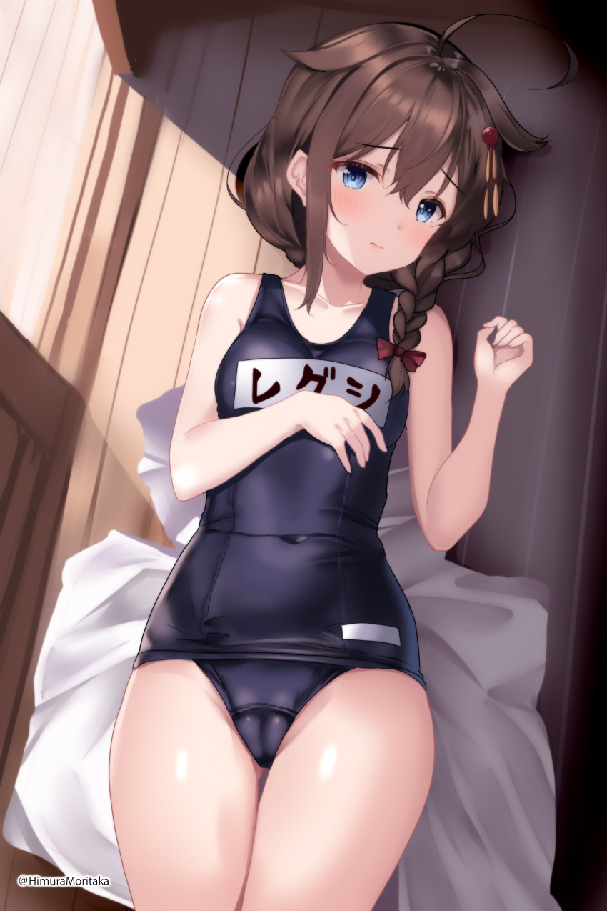 1girl absurdres ahoge armpits bare_arms bare_legs bare_shoulders bed_sheet black_one-piece_swimsuit blue_eyes blush braid brown_hair closed_mouth commentary_request cowboy_shot hair_between_eyes hair_flaps highres himura_moritaka kantai_collection long_hair one-piece_swimsuit school_swimsuit shigure_(kancolle) shigure_kai_ni_(kancolle) single_braid solo swimsuit textless_version