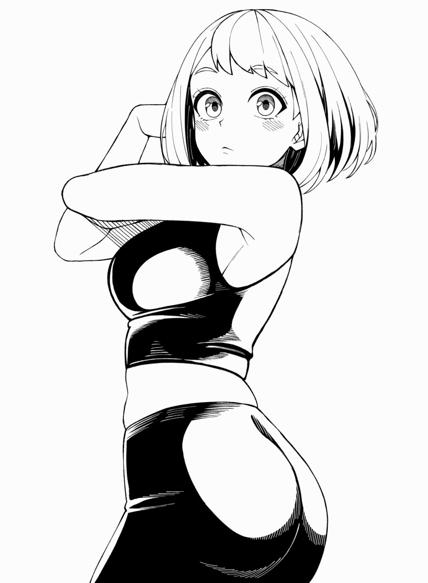 1girl ass boku_no_hero_academia cross-body_stretch from_side greyscale high-waist_pants highres kobaji light_blush monochrome pants solo sportswear stretching uraraka_ochako yoga_pants