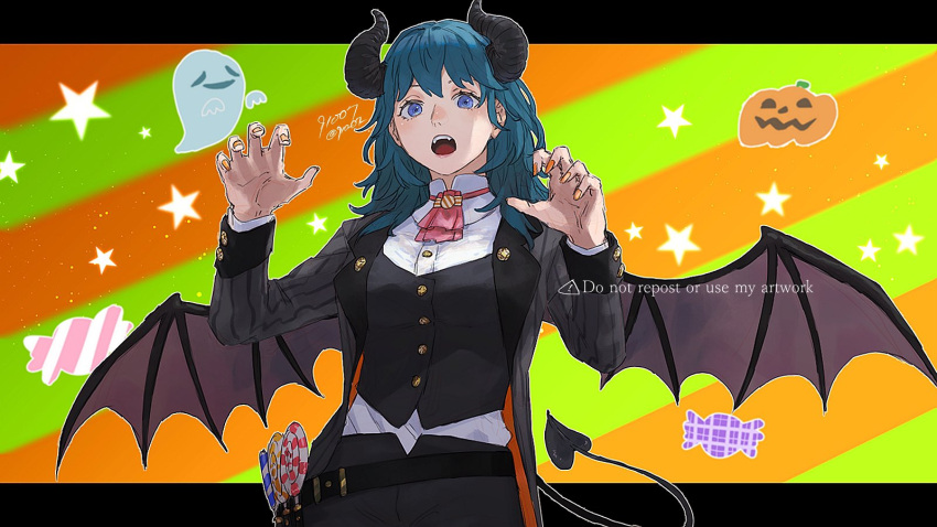 1girl 91007 artist_name bat_wings belt black_belt black_horns black_tail black_vest blue_eyes blue_hair breasts buttons byleth_(female)_(fire_emblem) byleth_(fire_emblem) candy demon_horns demon_tail fingernails fire_emblem fire_emblem:_three_houses food ghost halloween highres horns jack-o'-lantern lollipop long_sleeves looking_at_viewer medium_breasts medium_hair nail_polish open_mouth orange_nails outline solo star_(symbol) swirl_lollipop tail twitter_username vest white_outline wings