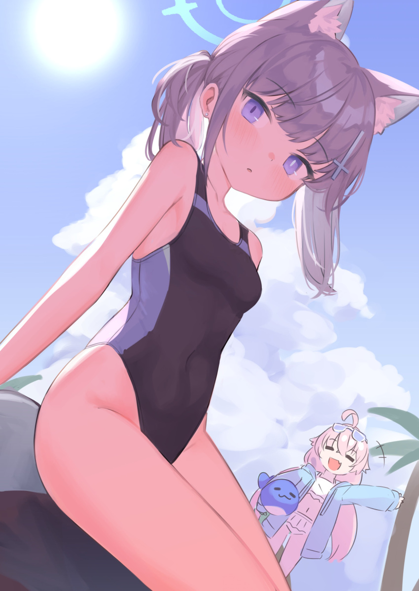 2girls absurdres ahoge animal_ear_fluff animal_ears bikini blue_archive blue_eyes blue_sky blush breasts closed_eyes cloud competition_swimsuit cross_hair_ornament crossed_legs day extra_ears eyewear_on_head grey_hair hair_ornament halo highres holding hoshino_(blue_archive) hoshino_(swimsuit)_(blue_archive) jacket klaius long_hair looking_at_viewer mismatched_pupils multiple_girls official_alternate_costume one-piece_swimsuit open_clothes open_jacket open_mouth outdoors parted_lips pink_hair ponytail shiroko_(blue_archive) shiroko_(swimsuit)_(blue_archive) sitting sky small_breasts sunglasses swimsuit twintails white_bikini wolf_ears