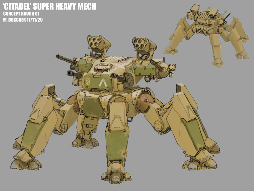 2020 cannon citadel_super_heavy_mech concept_art dated english_commentary gatling_gun gun highres machine_gun machinery mecha mike_doscher military missile_pod no_humans realistic robot science_fiction walker weapon