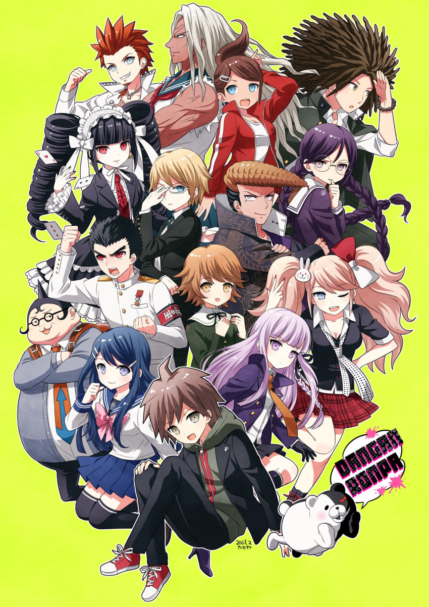 6+boys 6+girls asahina_aoi black_hair black_nails black_shirt blue_eyes blue_hair bonnet bow bowtie breasts brown_eyes brown_hair card celestia_ludenberg claw_ring cleavage collarbone cosplay crossdressing danganronpa:_trigger_happy_havoc danganronpa_(series) drill_hair earrings enoshima_junko enoshima_junko_(cosplay) everyone fat fat_man freckles frills fujisaki_chihiro fujisawa_kamiya fukawa_toko glasses gothic_lolita hagakure_yasuhiro hair_bow hair_ornament hairclip highres hood ikusaba_mukuro ishimaru_kiyotaka jacket jewelry kirigiri_kyoko kuwata_leon lolita_fashion long_hair long_sleeves looking_at_viewer maizono_sayaka medium_breasts monokuma multiple_boys multiple_girls naegi_makoto nail_polish neck_ribbon necktie ogami_sakura open_mouth otoko_no_ko owada_mondo pink_bow pleated_skirt pompadour rabbit_hair_ornament red_bow red_eyes red_necktie ribbon sailor_collar school_uniform serafuku shirt short_hair skirt smile thighhighs togami_byakuya twin_drills twintails yamada_hifumi