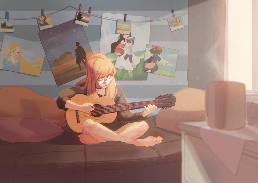 1girl ave barefoot blonde_hair bottomless character_request choker closed_eyes closed_mouth collarbone commentary copyright_name cup curtains english_commentary from_side full_body glasses guitar holding holding_instrument indoors instrument interstellar_(movie) joseph_cooper kiki_(majo_no_takkyuubin) lips long_hair long_sleeves majo_no_takkyuubin music ookami_kodomo_no_ame_to_yuki original photo_(object) pillow playing_instrument poster_(object) princess_zelda round_eyewear shirt sitting smile solo sunlight the_legend_of_zelda the_legend_of_zelda:_breath_of_the_wild window
