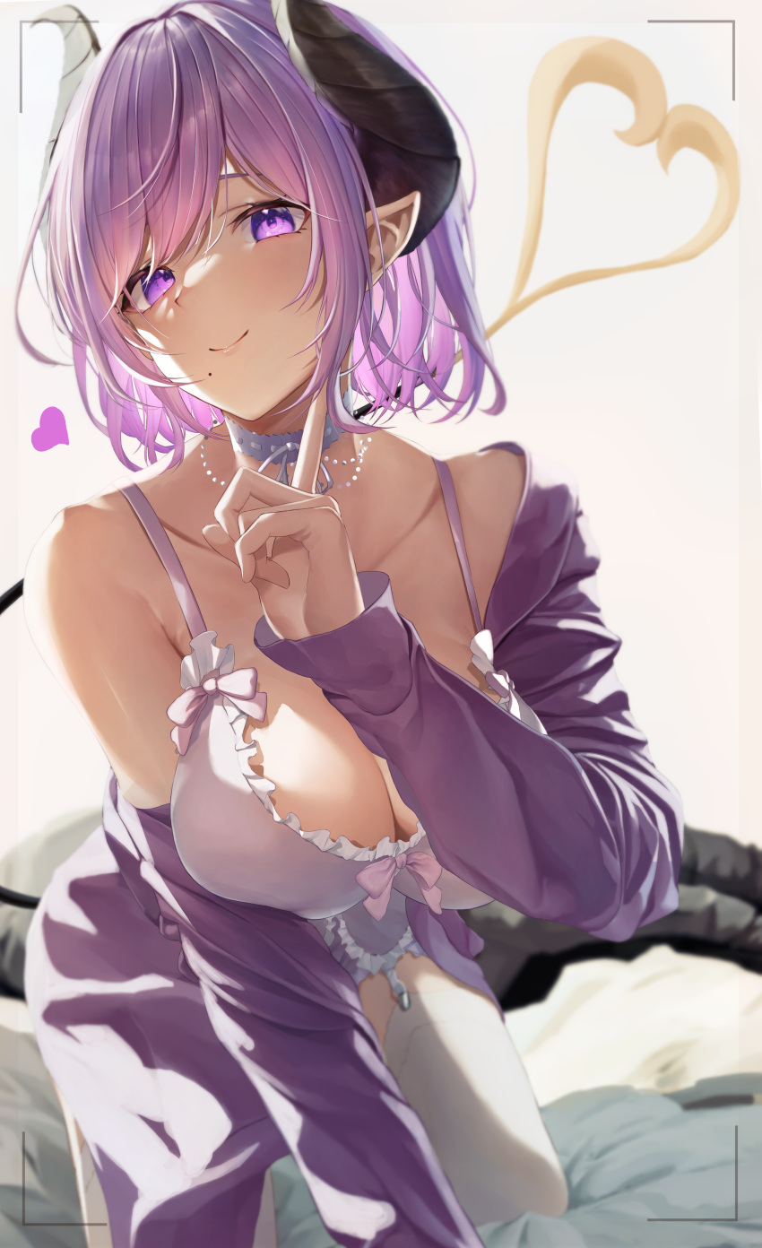 1girl absurdres babydoll blush breasts brown_horns closed_mouth commentary_request demon demon_girl demon_horns demon_tail dress feet_out_of_frame finger_to_own_chin frilled_babydoll garter_straps grey_babydoll grey_choker heart highres horns large_breasts looking_at_viewer medium_bangs mole mole_under_mouth mugi_maccha nanashi_inc. off_shoulder pointy_ears purple_dress purple_eyes purple_hair saionji_mary smile solo tail thighhighs virtual_youtuber white_thighhighs