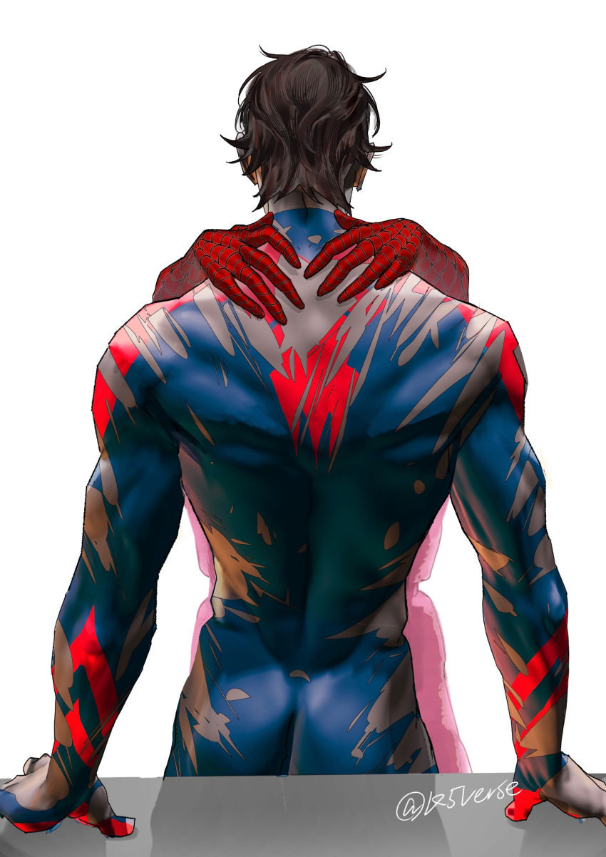 2boys ass back bara black_hair blue_bodysuit bodysuit highres k5verse male_focus marvel miguel_o'hara multiple_boys muscular muscular_male peter_b_parker red_bodysuit short_hair spider-man:_across_the_spider-verse spider-man_(series) spider-verse torn_bodysuit torn_clothes twitter_username two-tone_bodysuit yaoi